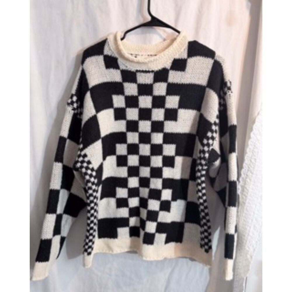 BiBi Black & White Checkerboard Knit Sweater - Medium